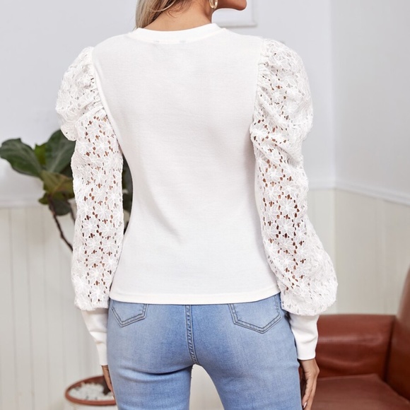boho white puff floral long sleeve lace top - Picture 3 of 4
